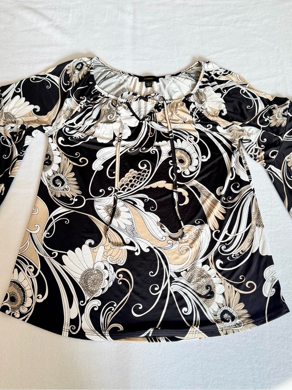 Espresso Black, Cream & White Floral Peasant Blouse